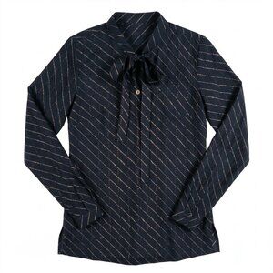 Layla Navy Blue Gold Blouse Diagonal Stripe Dot Tie Neck Bow Top Office Wear S